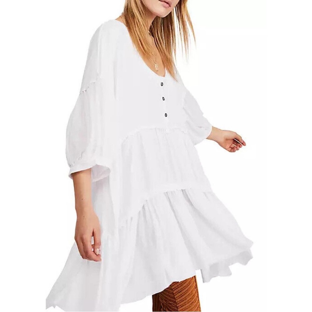 We The Free White Flowy Boho Tunic Dress Cotton Size Large Oversized Raw Hem